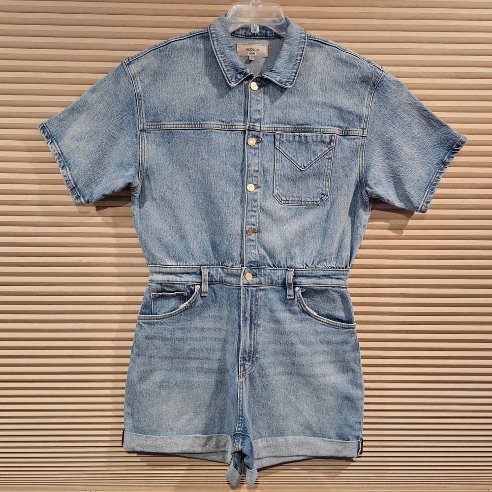Hudson Jeans Ocean Waters Denim Romper Light Wash Short Sleeve 32 Button-up Zip